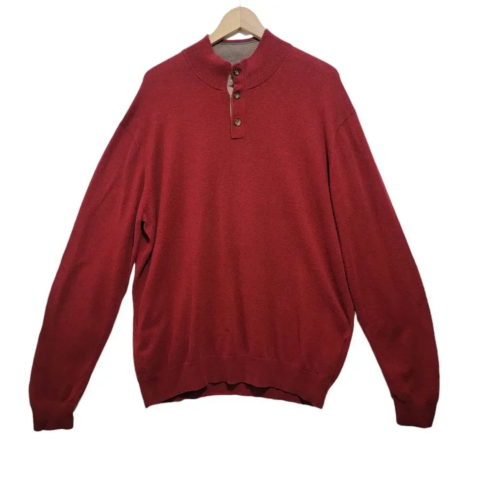 Cortefiel Mens Sweater Red Heather Cotton Cashmere Quarter Button Size XXL